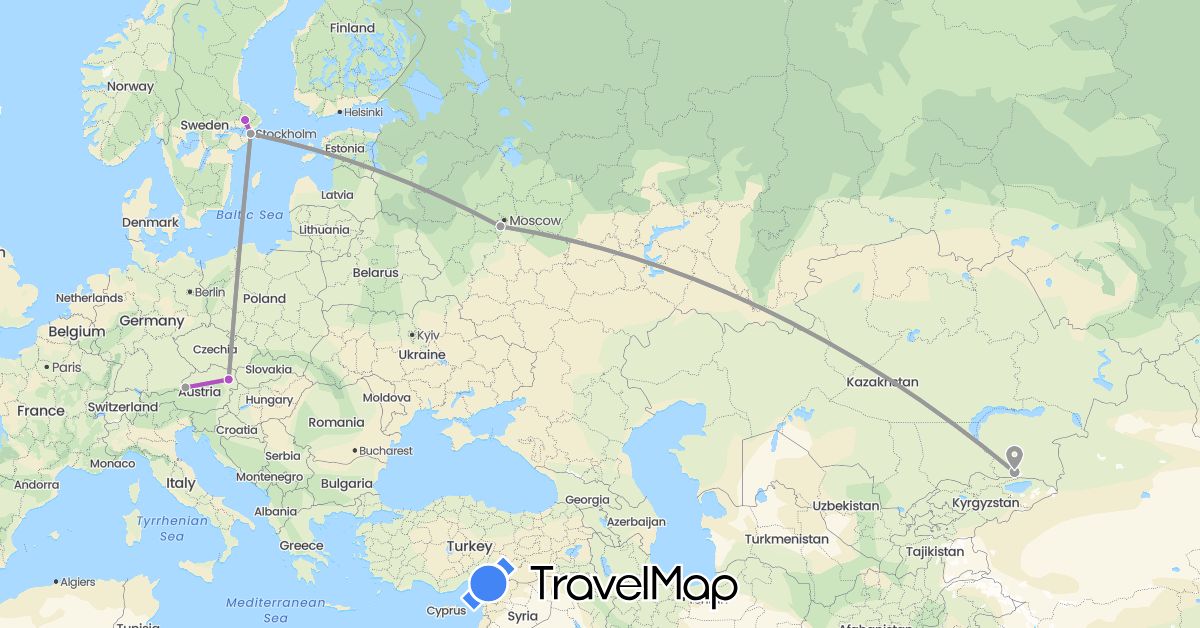 TravelMap itinerary: plane, train in Austria, Kazakhstan, Russia, Sweden (Asia, Europe)